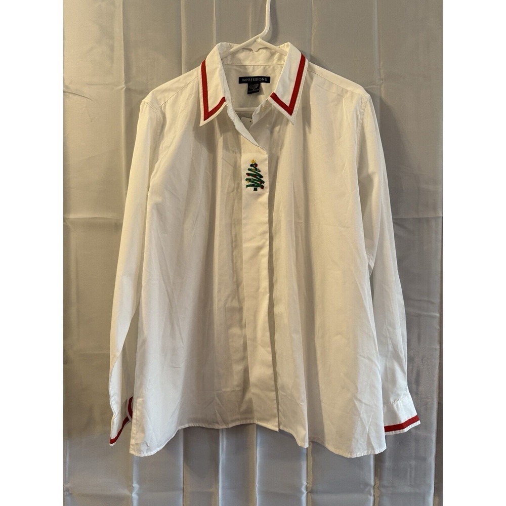 Impressions Womens Christmas Top White Button Embroidered Tree Red Trim‎ 18 New